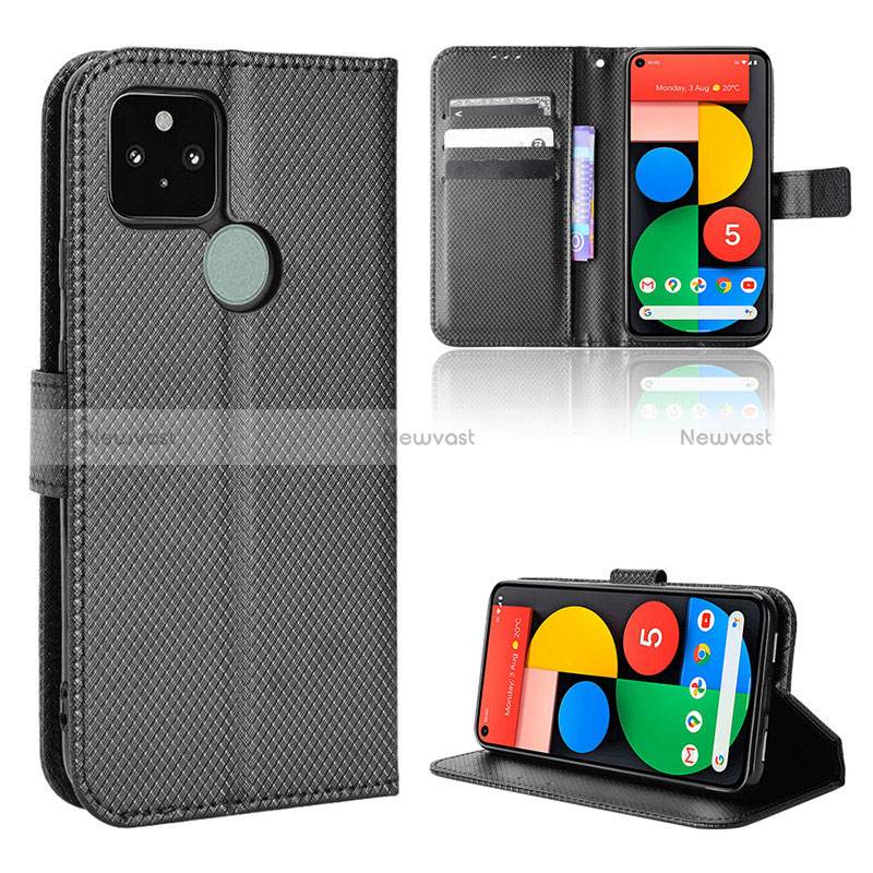 Leather Case Stands Flip Cover Holder BY1 for Google Pixel 5 Black