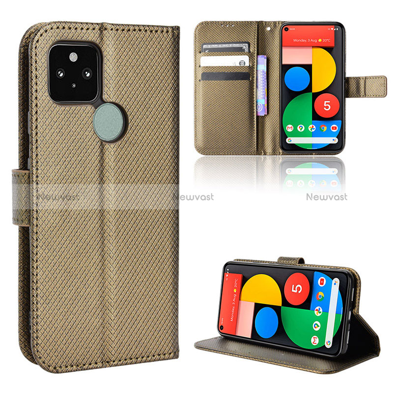 Leather Case Stands Flip Cover Holder BY1 for Google Pixel 5 Brown