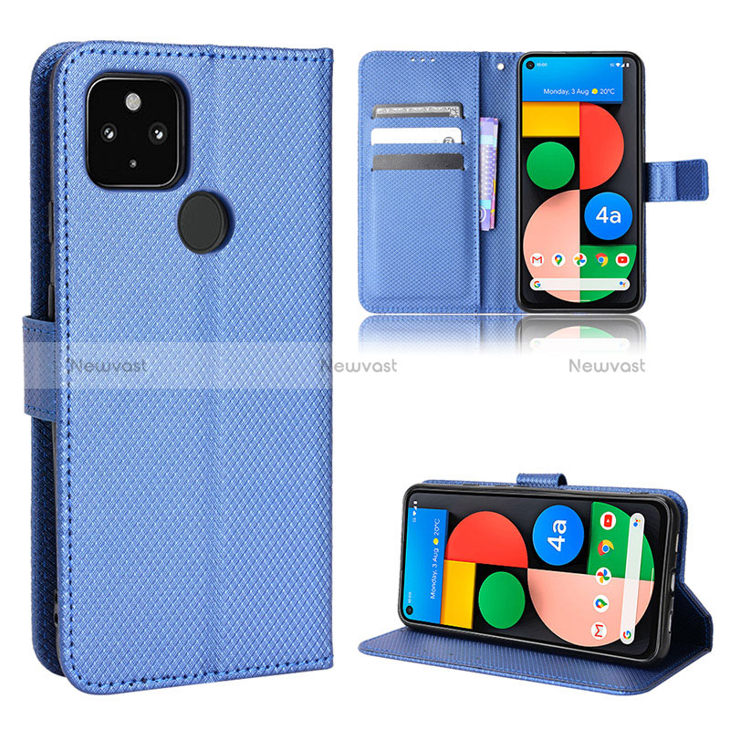 Leather Case Stands Flip Cover Holder BY1 for Google Pixel 5 XL 5G Blue