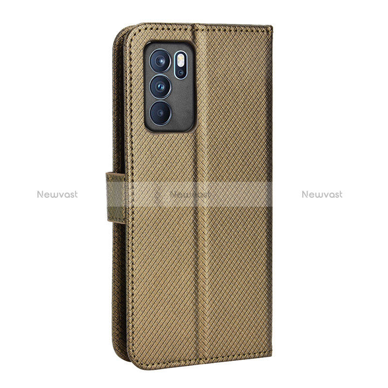 Leather Case Stands Flip Cover Holder BY1 for Oppo Reno6 Pro 5G India Brown