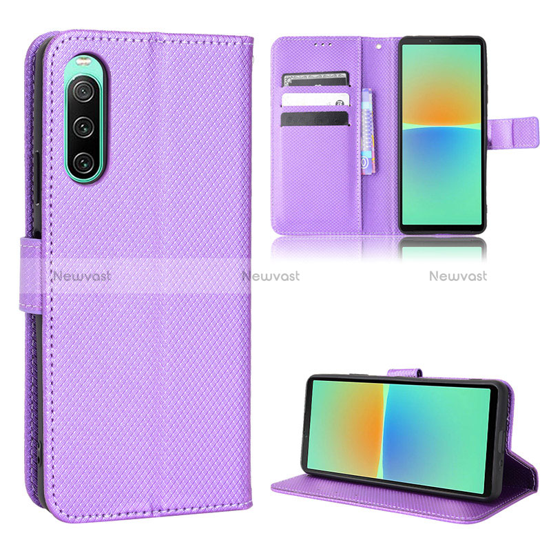 Leather Case Stands Flip Cover Holder BY1 for Sony Xperia 10 IV Purple