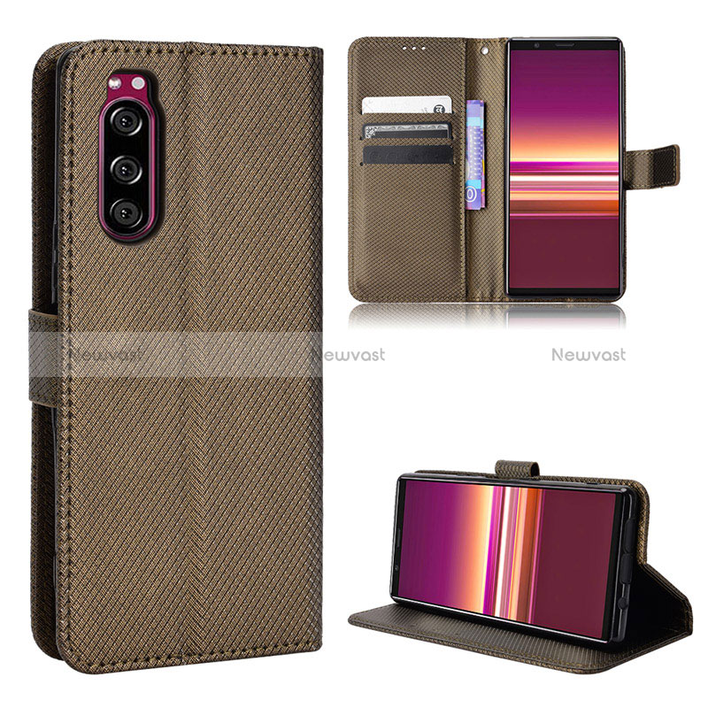 Leather Case Stands Flip Cover Holder BY1 for Sony Xperia 5 Brown