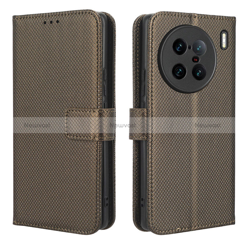 Leather Case Stands Flip Cover Holder BY1 for Vivo X90 Pro+ Plus 5G Brown
