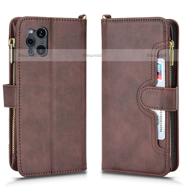 Leather Case Stands Flip Cover Holder BY2 for Oppo Find X3 Pro 5G Brown