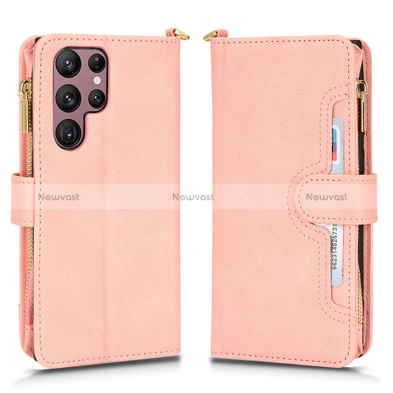 Leather Case Stands Flip Cover Holder BY2 for Samsung Galaxy S22 Ultra 5G Rose Gold