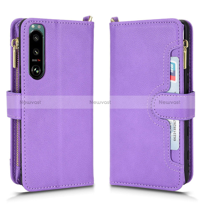 Leather Case Stands Flip Cover Holder BY2 for Sony Xperia 5 III Purple