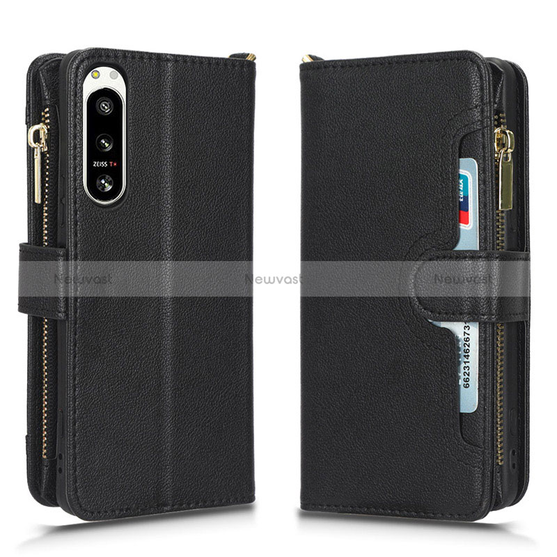 Leather Case Stands Flip Cover Holder BY2 for Sony Xperia 5 IV Black