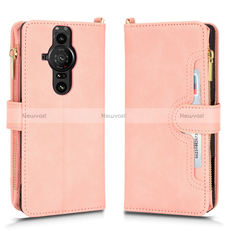 Leather Case Stands Flip Cover Holder BY2 for Sony Xperia PRO-I Rose Gold