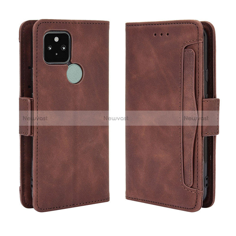 Leather Case Stands Flip Cover Holder BY3 for Google Pixel 5 Brown
