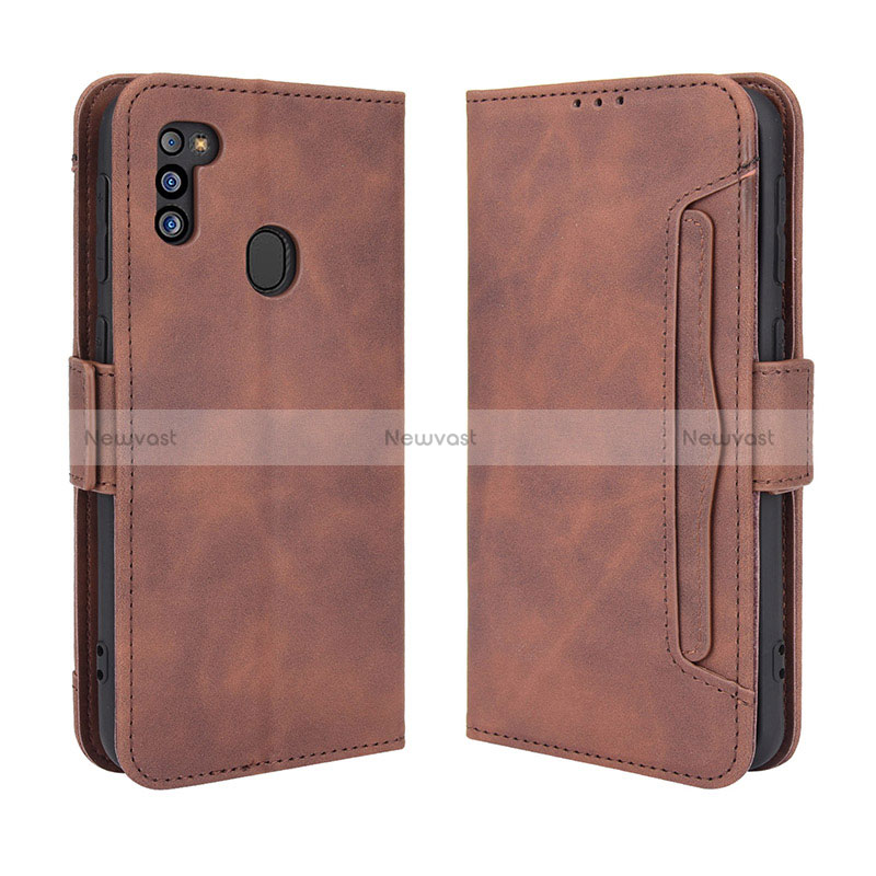 Leather Case Stands Flip Cover Holder BY3 for Samsung Galaxy M21 (2021) Brown