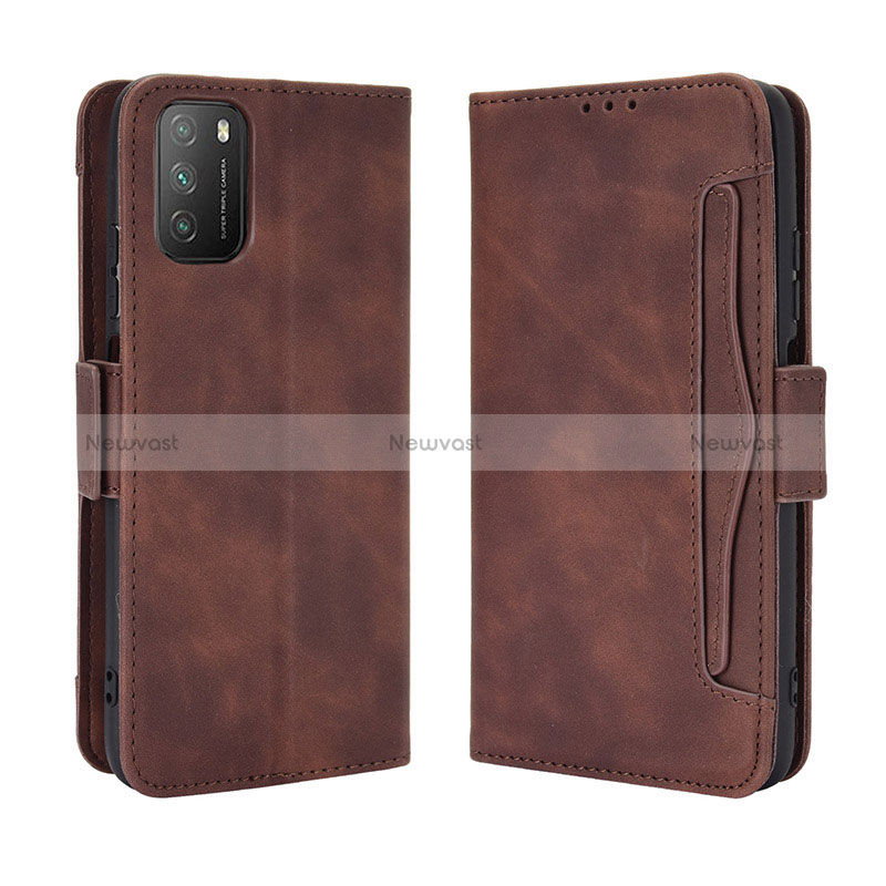Leather Case Stands Flip Cover Holder BY3 for Xiaomi Poco M3 Brown