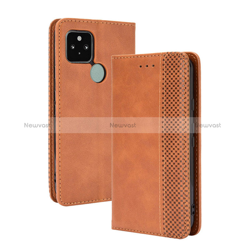Leather Case Stands Flip Cover Holder BY4 for Google Pixel 5 Brown