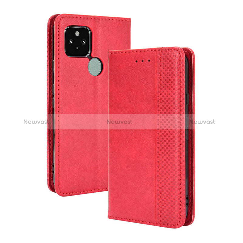 Leather Case Stands Flip Cover Holder BY4 for Google Pixel 5 Red