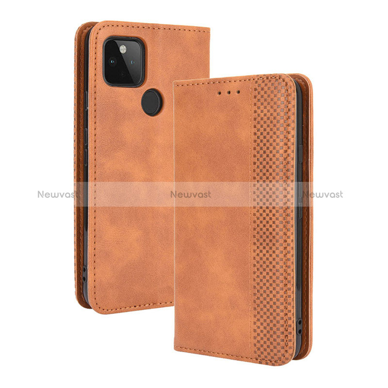 Leather Case Stands Flip Cover Holder BY4 for Google Pixel 5 XL 5G Brown