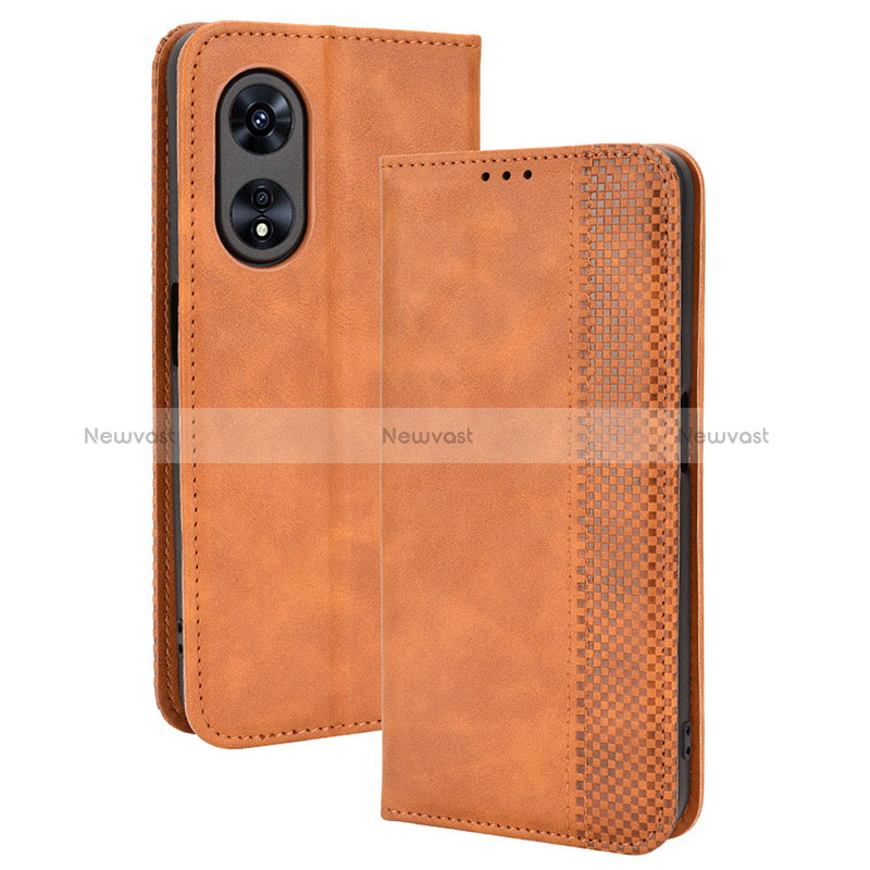 Leather Case Stands Flip Cover Holder BY4 for Oppo A58x 5G Brown
