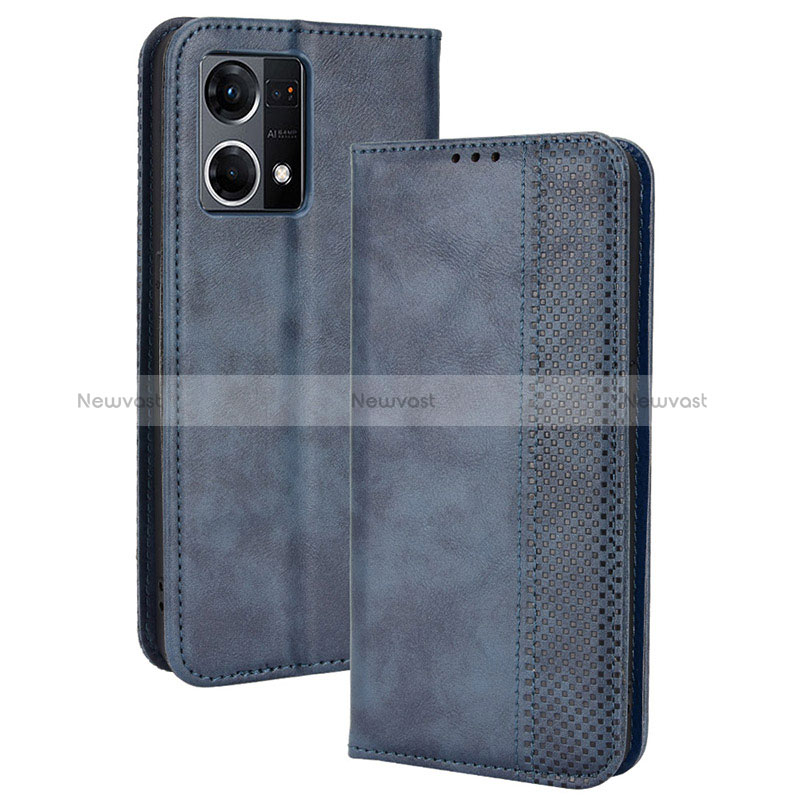 Leather Case Stands Flip Cover Holder BY4 for Oppo Reno7 4G Blue