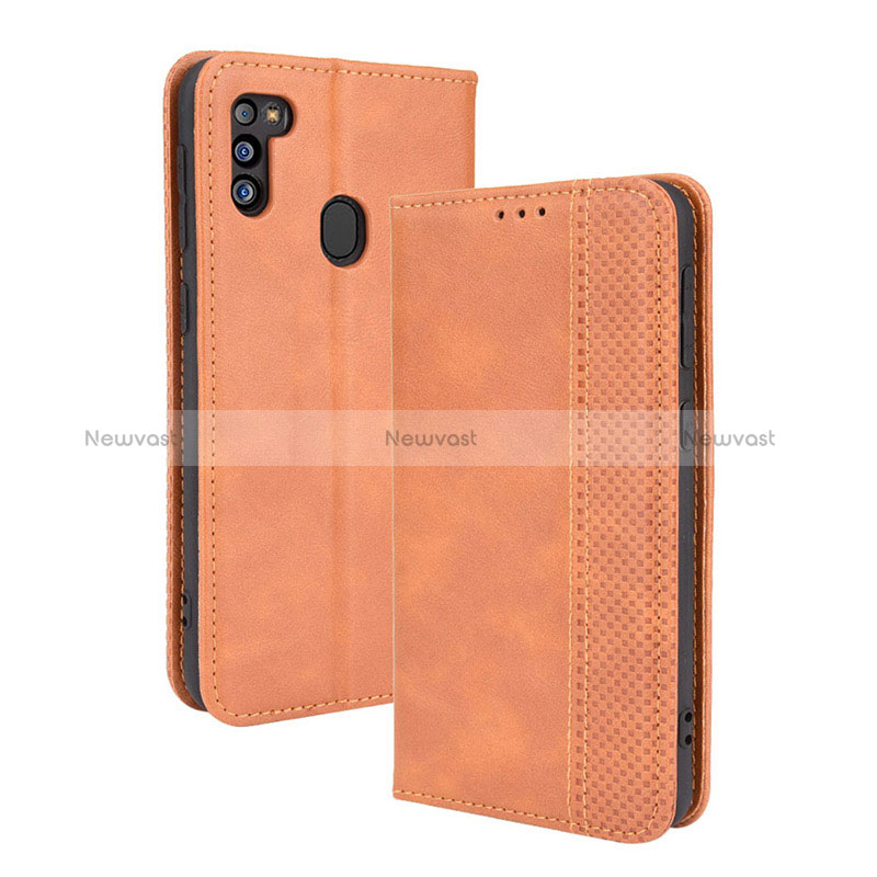 Leather Case Stands Flip Cover Holder BY4 for Samsung Galaxy M21 (2021) Brown