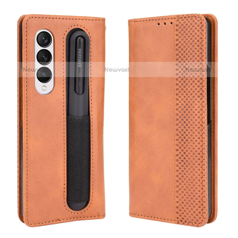 Leather Case Stands Flip Cover Holder BY4 for Samsung Galaxy Z Fold3 5G Brown