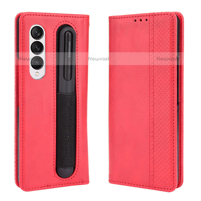 Leather Case Stands Flip Cover Holder BY4 for Samsung Galaxy Z Fold3 5G Red