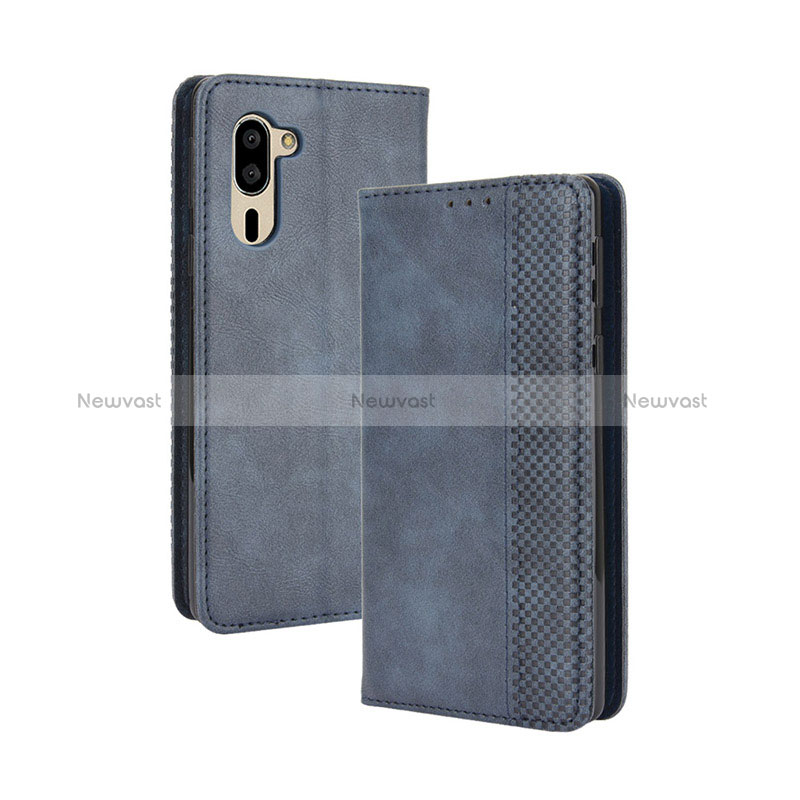 Leather Case Stands Flip Cover Holder BY4 for Sharp Simple Sumaho 5 Blue