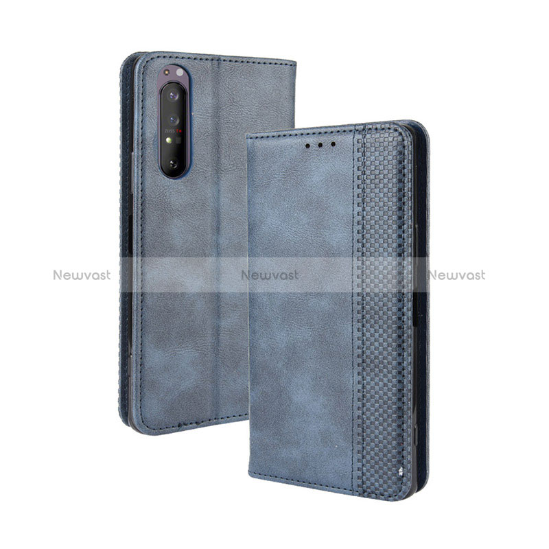 Leather Case Stands Flip Cover Holder BY4 for Sony Xperia 1 II Blue