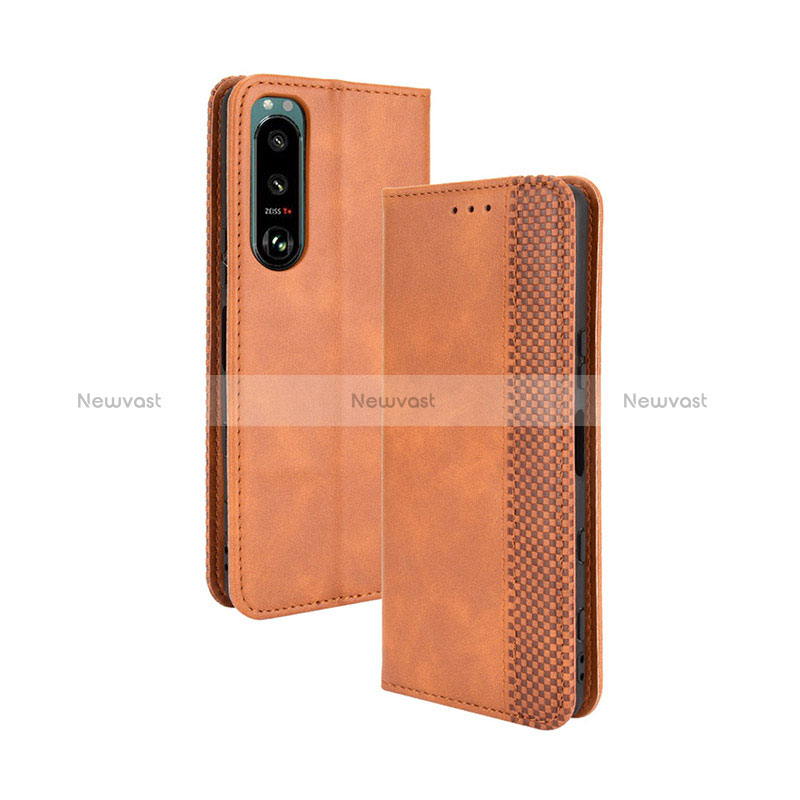 Leather Case Stands Flip Cover Holder BY4 for Sony Xperia 5 III Brown