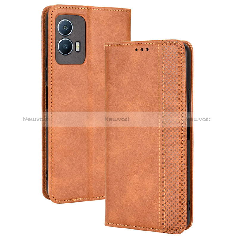 Leather Case Stands Flip Cover Holder BY4 for Vivo iQOO U5 5G Brown