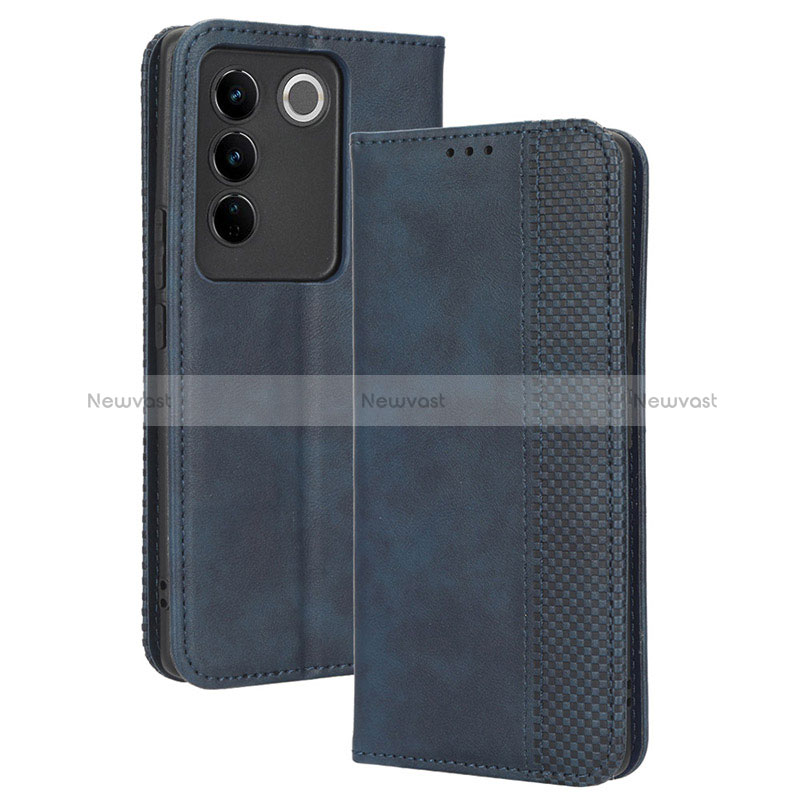 Leather Case Stands Flip Cover Holder BY4 for Vivo V27 5G Blue