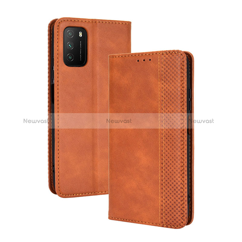 Leather Case Stands Flip Cover Holder BY4 for Xiaomi Poco M3 Brown