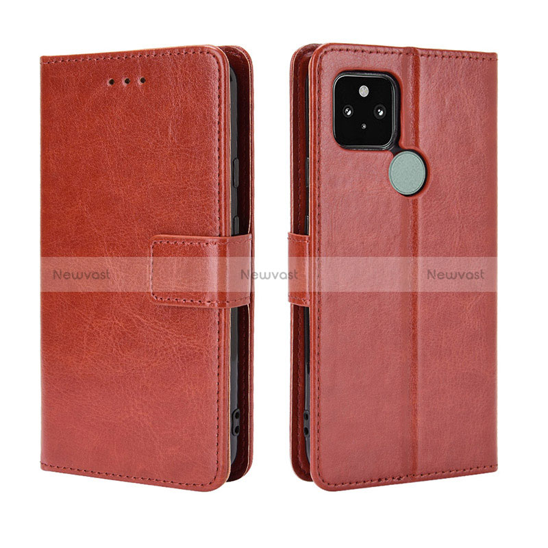 Leather Case Stands Flip Cover Holder BY5 for Google Pixel 5 Brown
