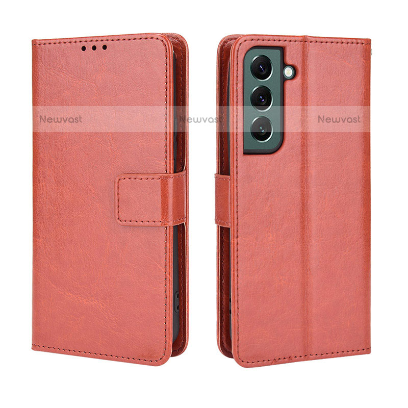 Leather Case Stands Flip Cover Holder BY5 for Samsung Galaxy S22 5G Brown