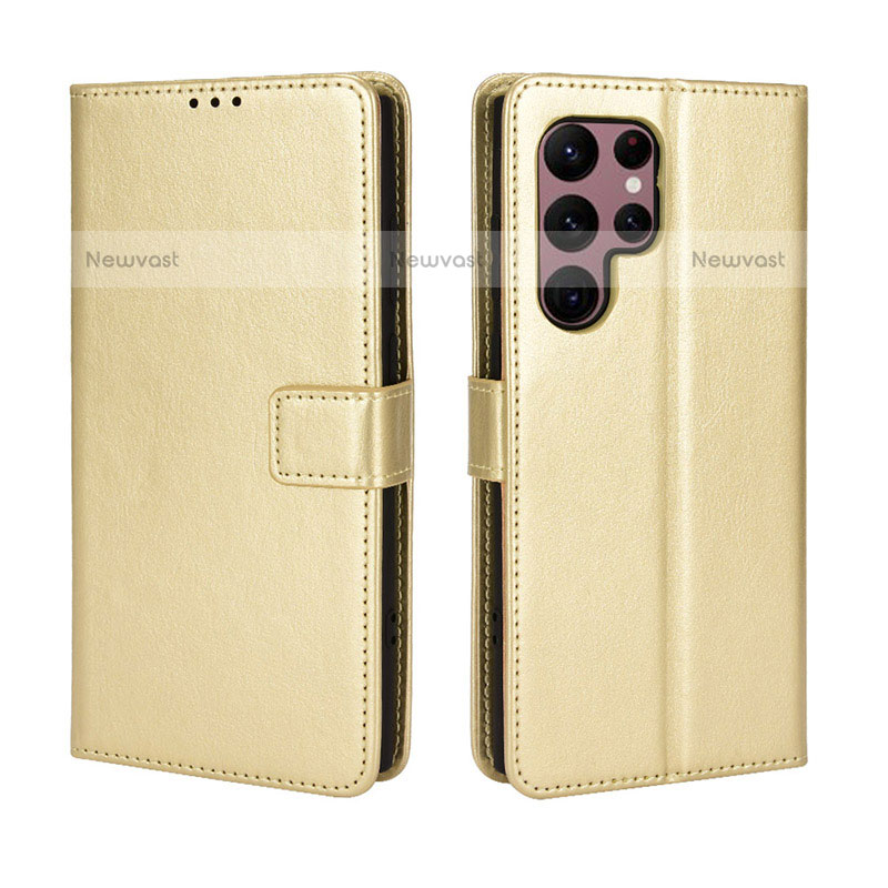 Leather Case Stands Flip Cover Holder BY5 for Samsung Galaxy S23 Ultra 5G Gold