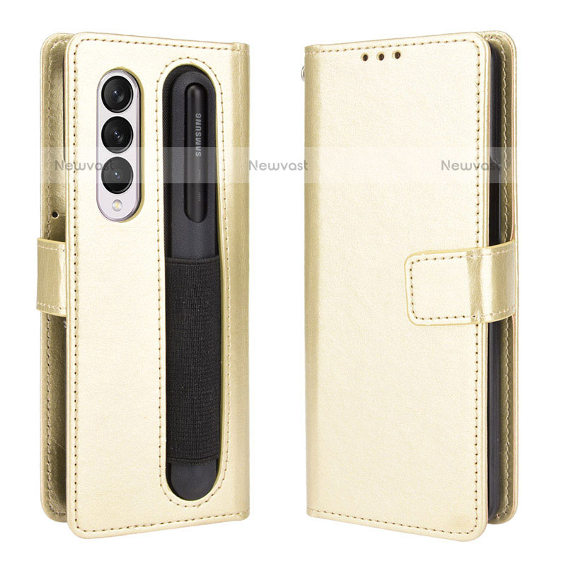 Leather Case Stands Flip Cover Holder BY5 for Samsung Galaxy Z Fold3 5G Gold