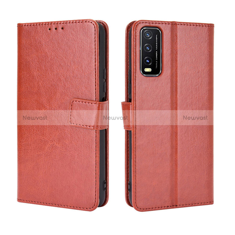 Leather Case Stands Flip Cover Holder BY5 for Vivo Y12s Brown