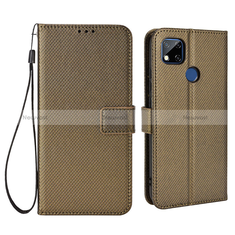 Leather Case Stands Flip Cover Holder BY6 for Xiaomi Redmi 9C Brown