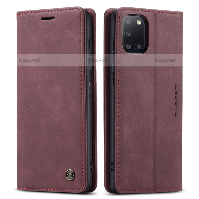 Leather Case Stands Flip Cover Holder C01S for Samsung Galaxy A31 Red Wine
