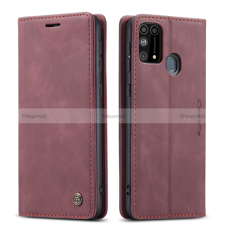 Leather Case Stands Flip Cover Holder C01S for Samsung Galaxy M21s Red Wine