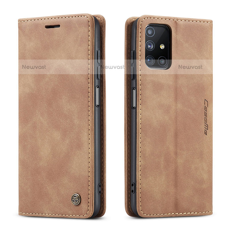 Leather Case Stands Flip Cover Holder C01S for Samsung Galaxy M51 Light Brown