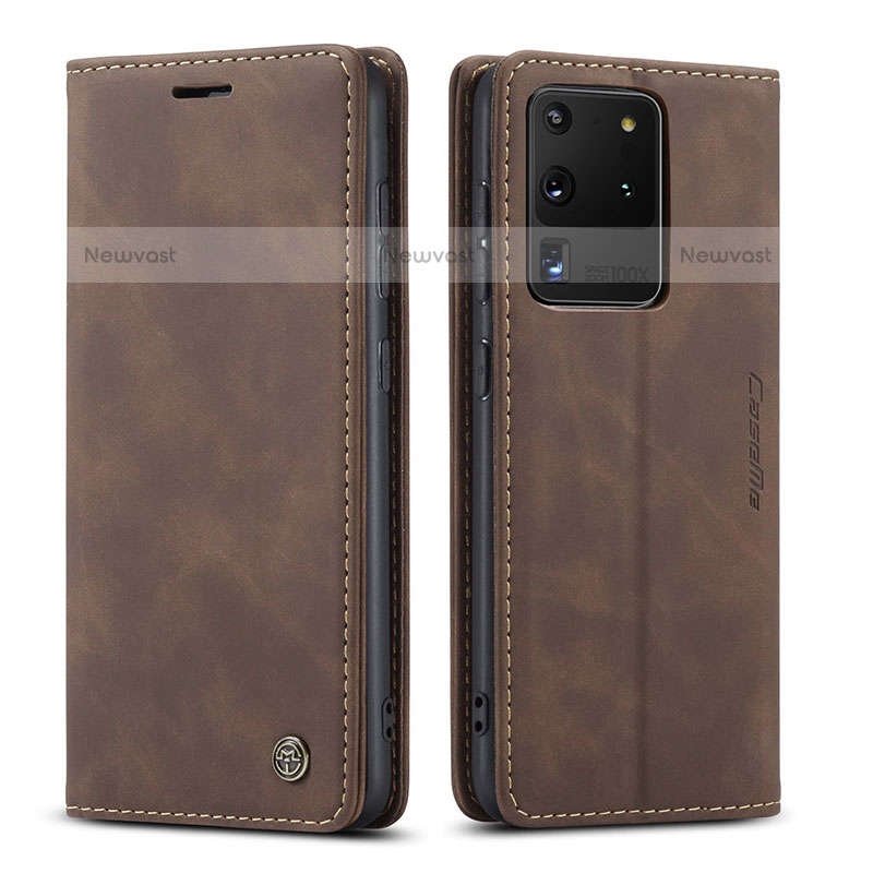 Leather Case Stands Flip Cover Holder C01S for Samsung Galaxy S20 Ultra 5G Brown