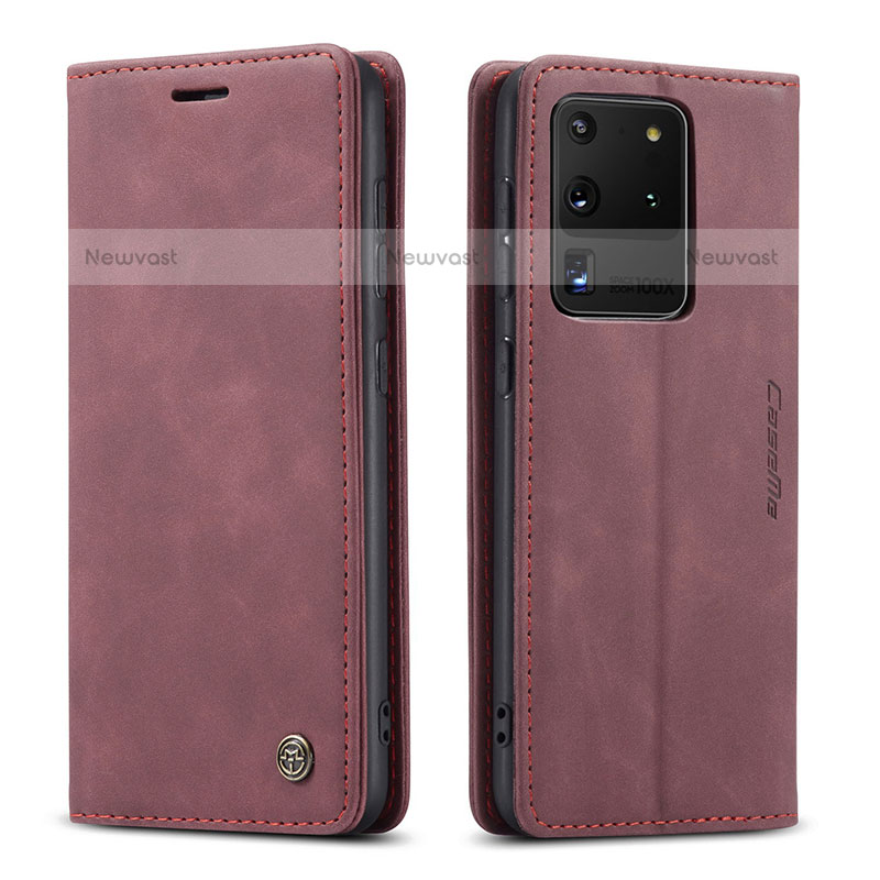 Leather Case Stands Flip Cover Holder C01S for Samsung Galaxy S20 Ultra 5G Red Wine