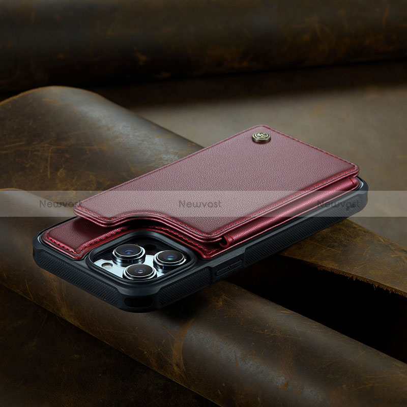 Leather Case Stands Flip Cover Holder C02S for Apple iPhone 13 Pro Red Wine