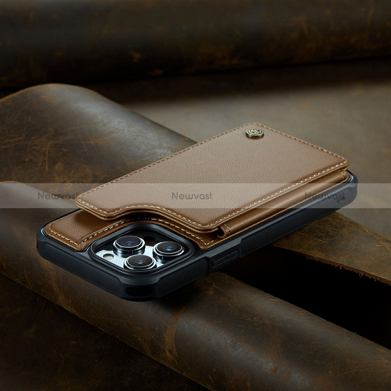 Leather Case Stands Flip Cover Holder C02S for Apple iPhone 14 Pro Brown