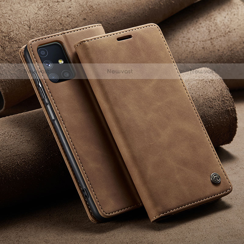 Leather Case Stands Flip Cover Holder C02S for Samsung Galaxy M51 Light Brown