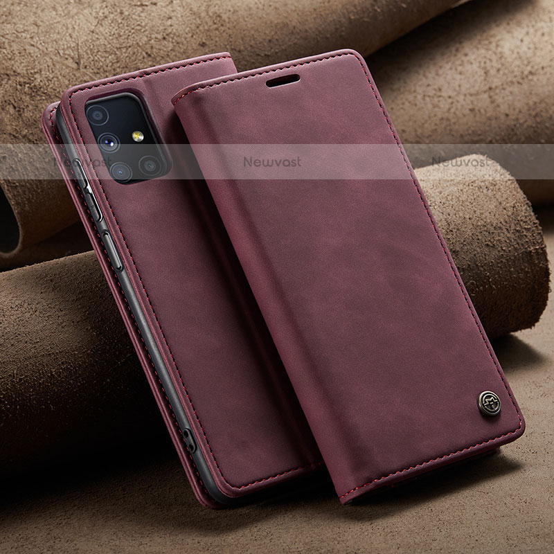 Leather Case Stands Flip Cover Holder C02S for Samsung Galaxy M51 Red Wine