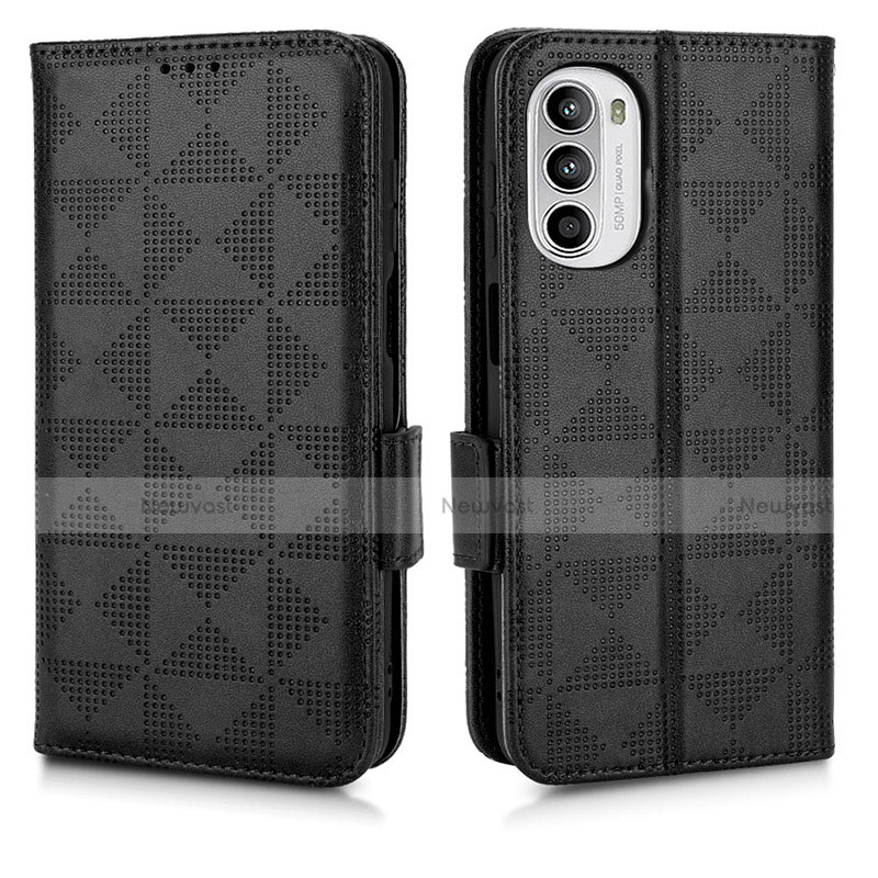 Leather Case Stands Flip Cover Holder C02X for Motorola Moto G52j 5G Black