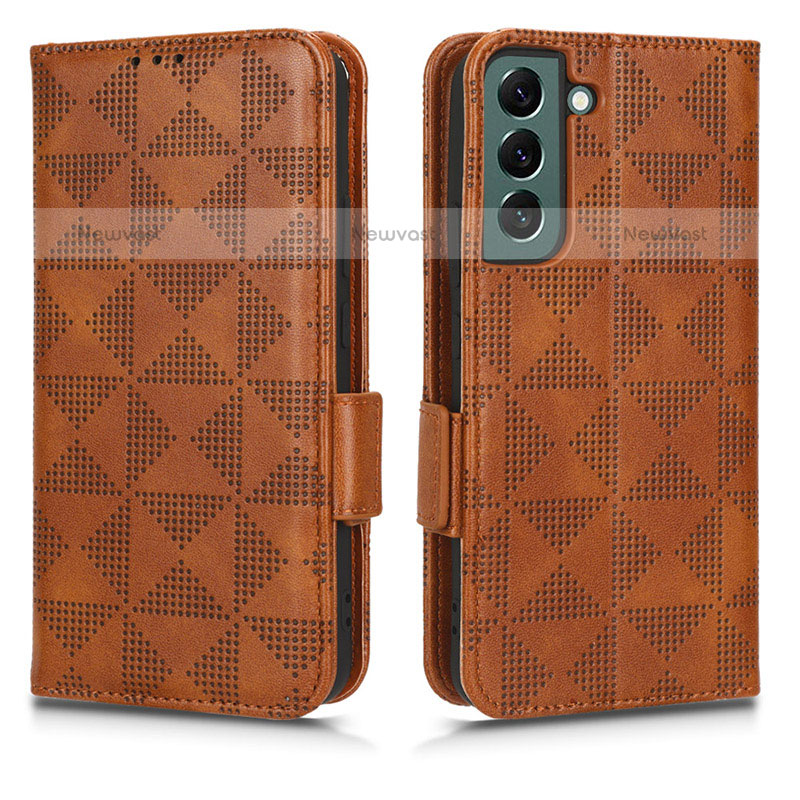 Leather Case Stands Flip Cover Holder C02X for Samsung Galaxy S22 5G Brown