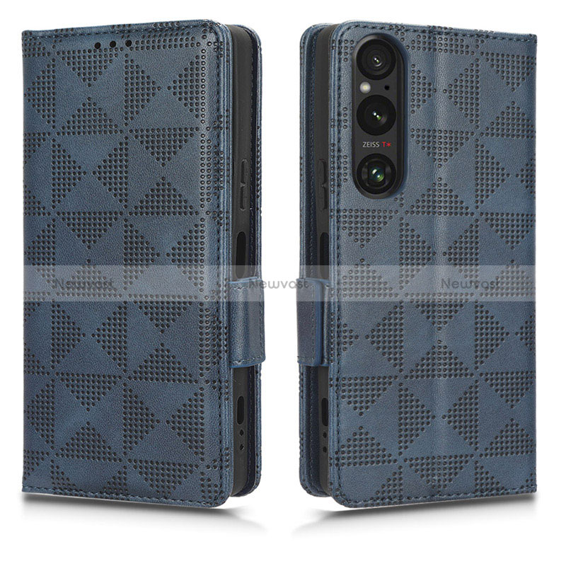 Leather Case Stands Flip Cover Holder C02X for Sony Xperia 1 V Blue