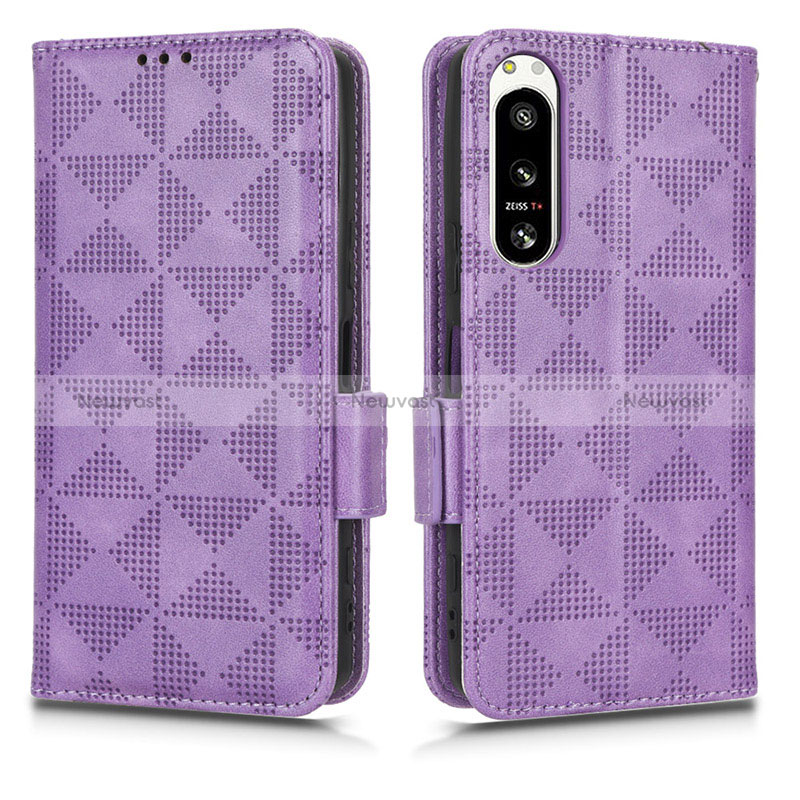 Leather Case Stands Flip Cover Holder C02X for Sony Xperia 5 IV Purple