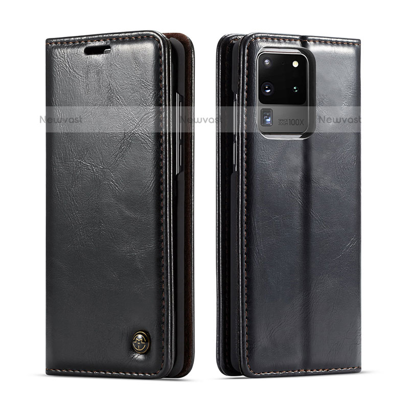 Leather Case Stands Flip Cover Holder C03S for Samsung Galaxy S20 Ultra 5G Black