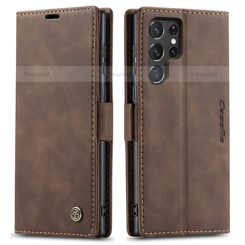 Leather Case Stands Flip Cover Holder C03S for Samsung Galaxy S21 Ultra 5G Brown